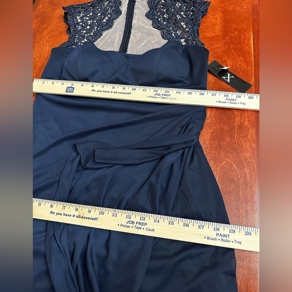 X by Xscape Stand-collar Illusion Back Gown Evening Women 14 Navy Built in Bra - Picture 2 of 12